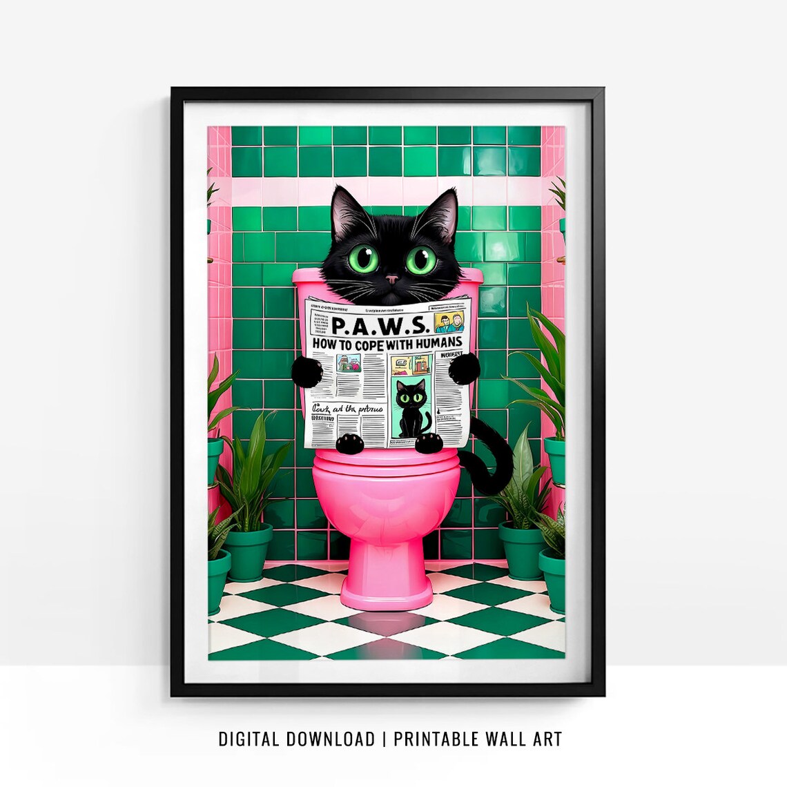Black Cat on Toilet, Funny Bathroom Art Print