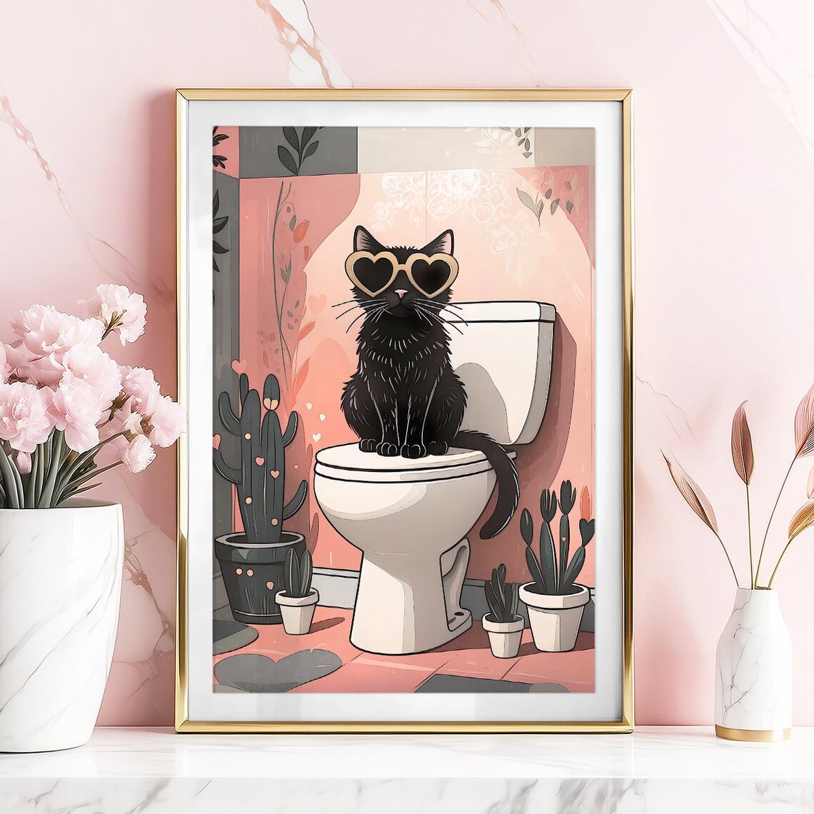 Black Cat With Heart Sunglasses On Toilet In Pink Bathroom Poster - Image 5