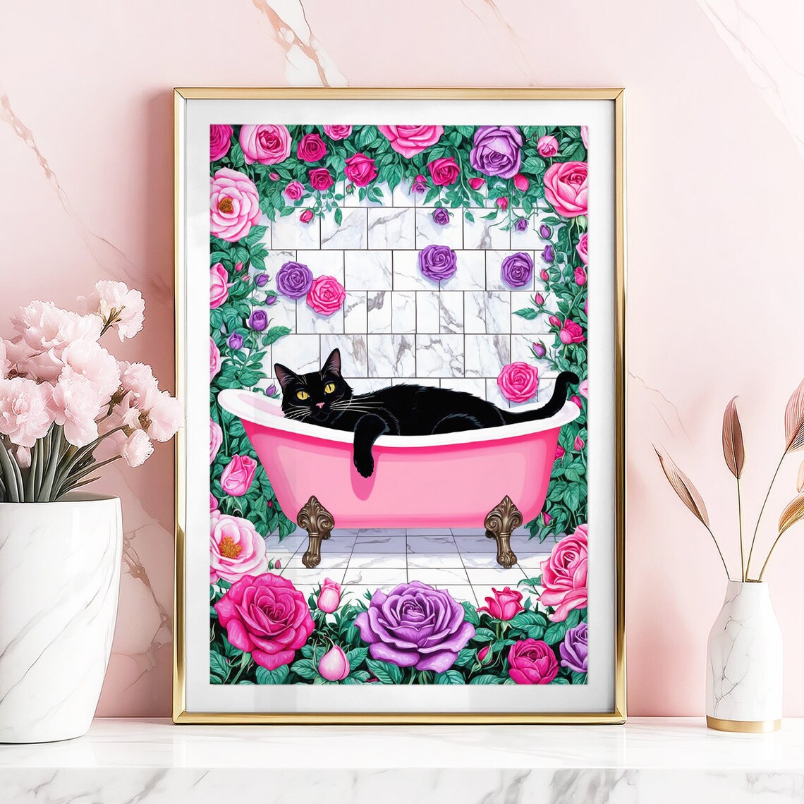 Black Cat Lounging In Pink Bathtub Surrounded By Rose Garden Poster - Image 4