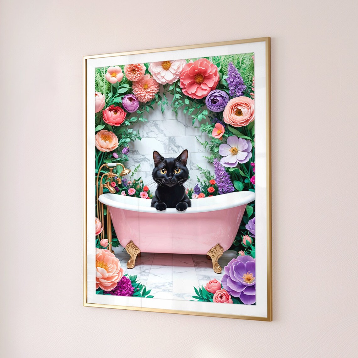 Black Cat Coral Floral Pink Bathtub Rose Garden Bathroom Wall Poster - Image 4