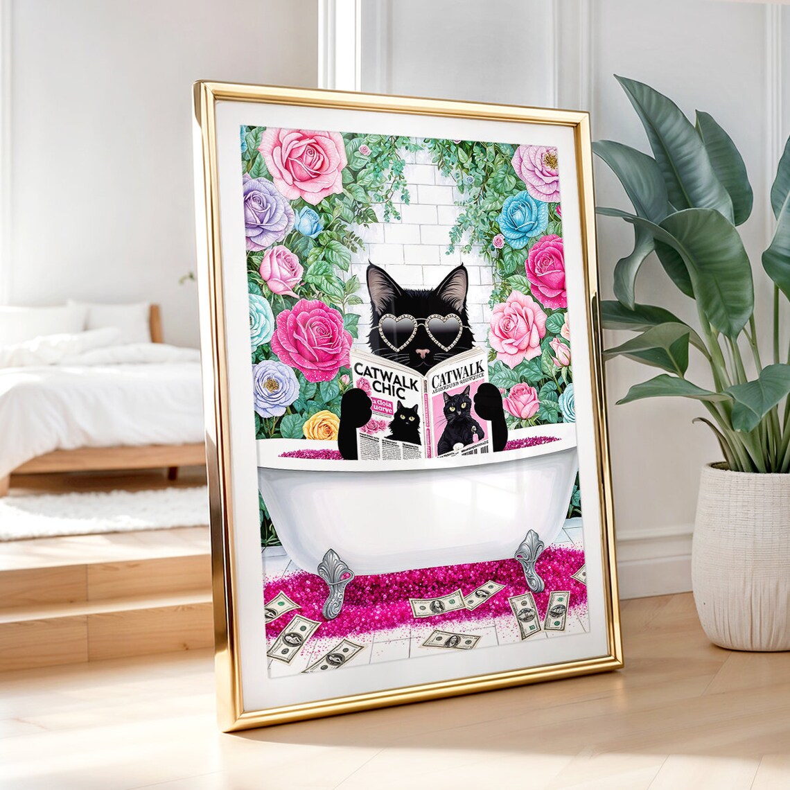 Black Cat In Bathtub Reading Catwalk Chic Magazine With Roses Poster - Image 5