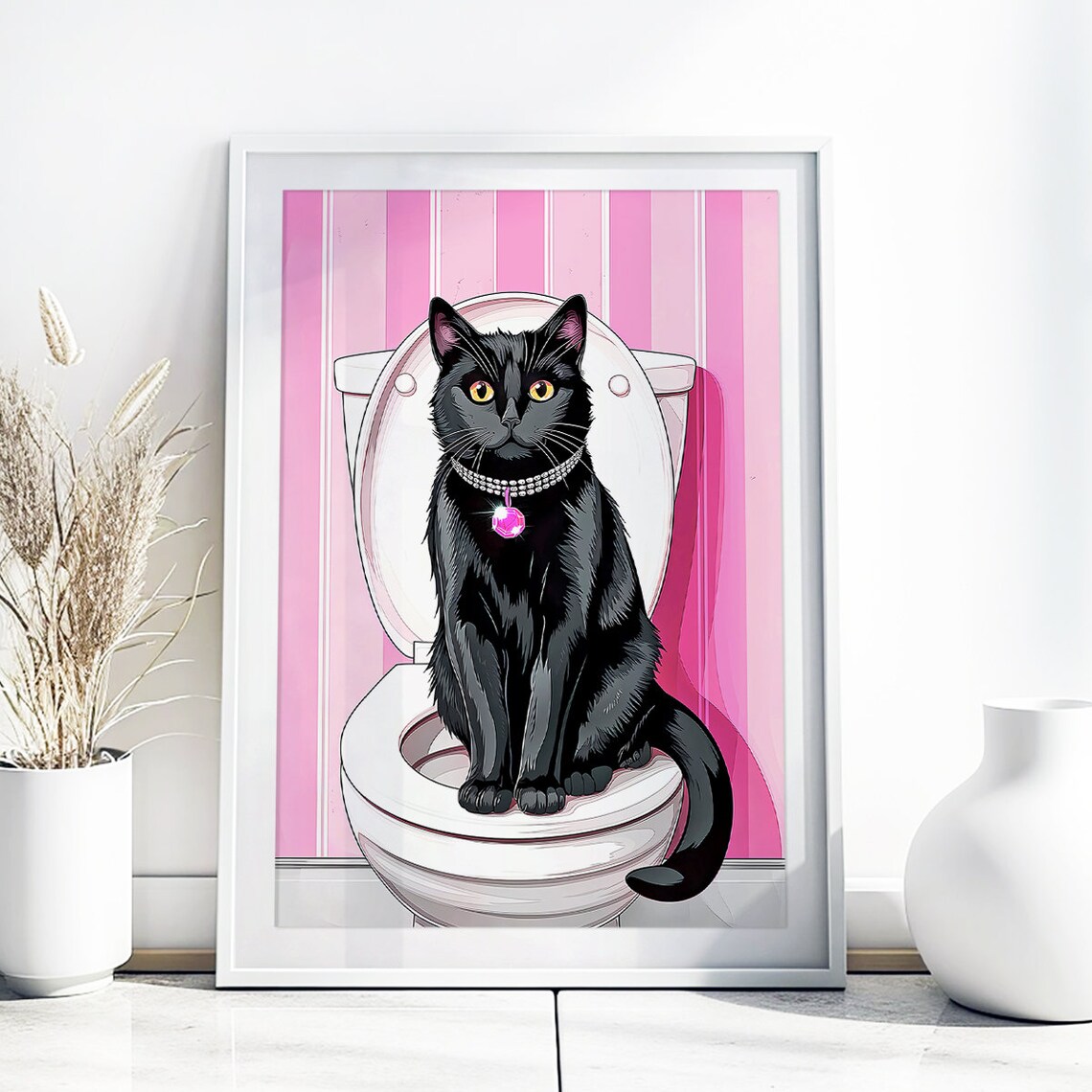 Black Cat in Pearl Necklace on Toilet Pink Glam Bathroom Poster - Image 2