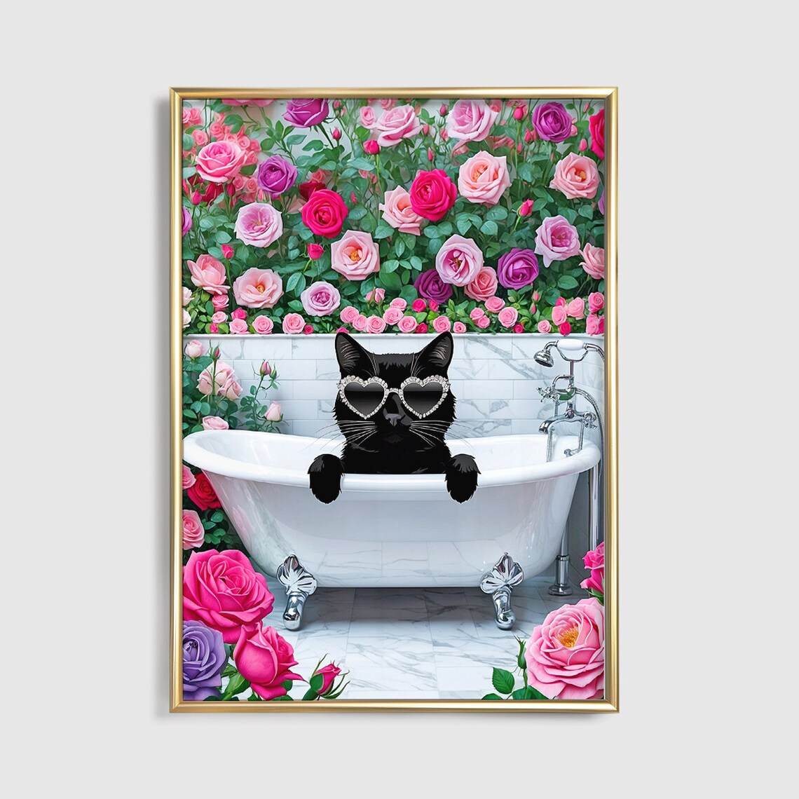 Black Cat Heart Sunglasses Rose Wall Bathtub Glam Bathroom Poster - Image 2