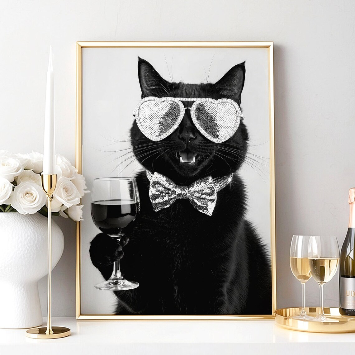 Black Cat in Heart Sunglasses Holding Wine Glass Party Poster - Image 4