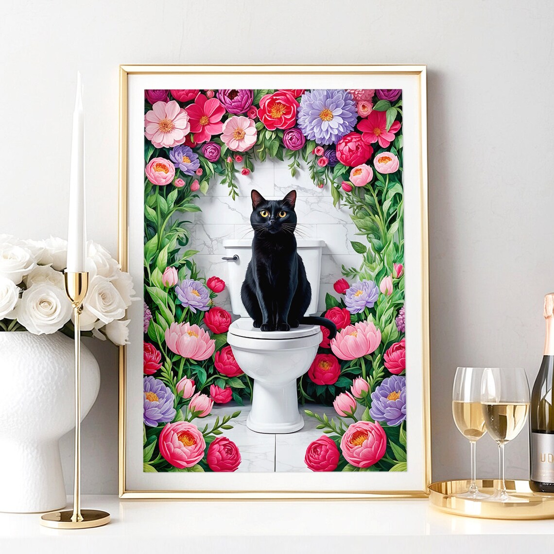 Black Cat Toilet Flower Arch Funny Pink Bathroom Decor Poster - Image 3