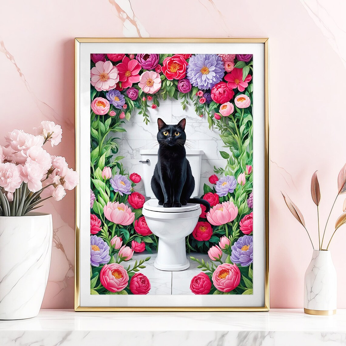 Black Cat Toilet Flower Arch Funny Pink Bathroom Decor Poster - Image 2