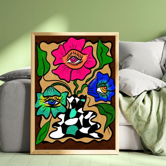 Retro Funky Flower Vase Print Bold Orange And Green Wall Art Modern Boho Decor Colorful Floral Art Eclectic Home Decor Vintage