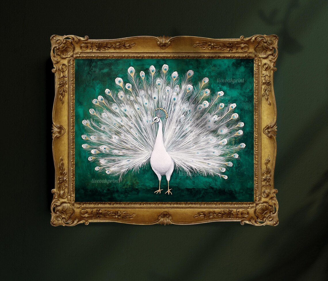 White Peacock, Emerald Green Vintage Art Print