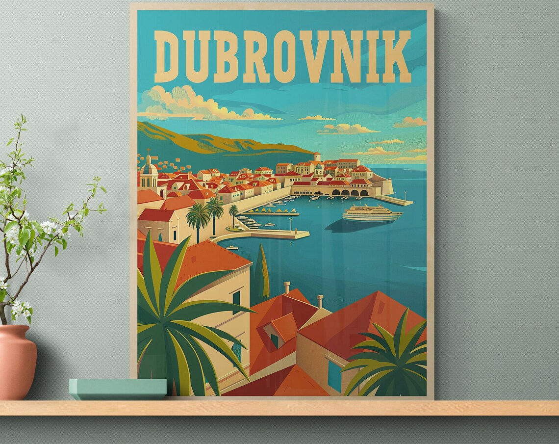 Dubrovnik Old Town Harbor and Cruise Ship Vintage Travel Poster - Image 3