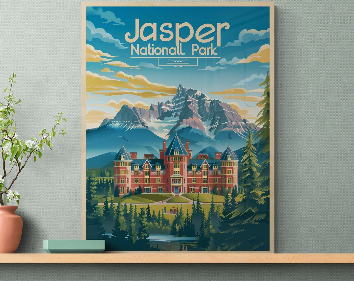 Jasper National Park Grand Hotel Mountains Pine Forest Travel Poster - Image 2