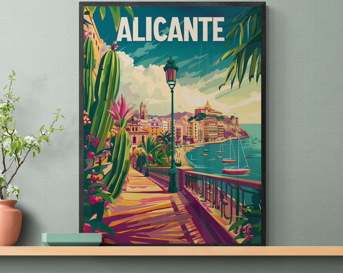 Alicante Seaside Promenade Cacti and Harbor Vintage Travel Poster - Image 2