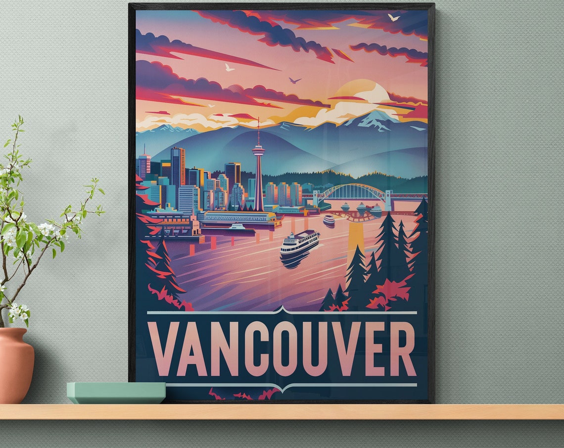 Vancouver Harbor Skyline Mountains Ferry Sunset Sky Travel Poster - Image 3