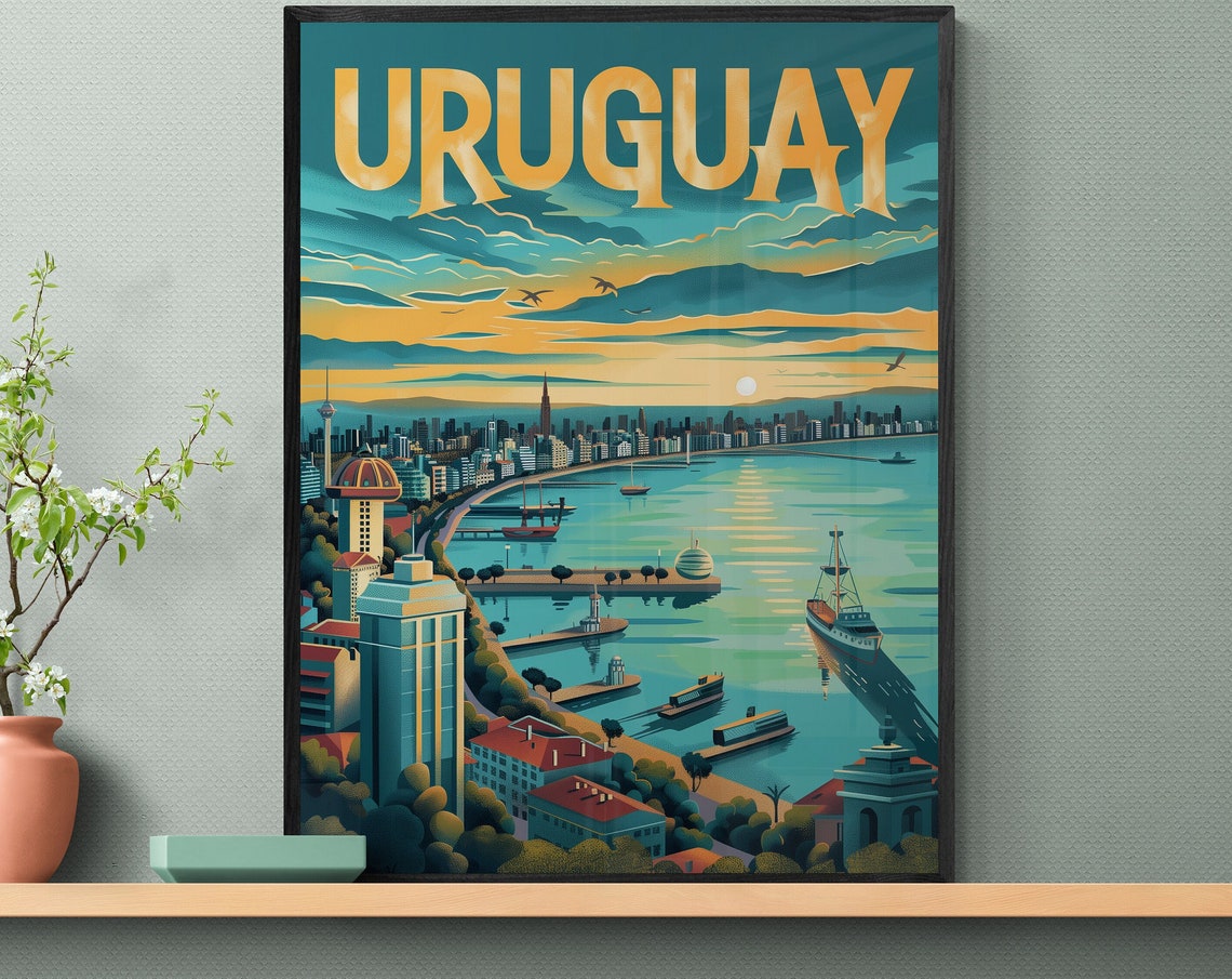 Uruguay Harbor Sunset Boats Coastal City Panorama Travel Poster - Image 2