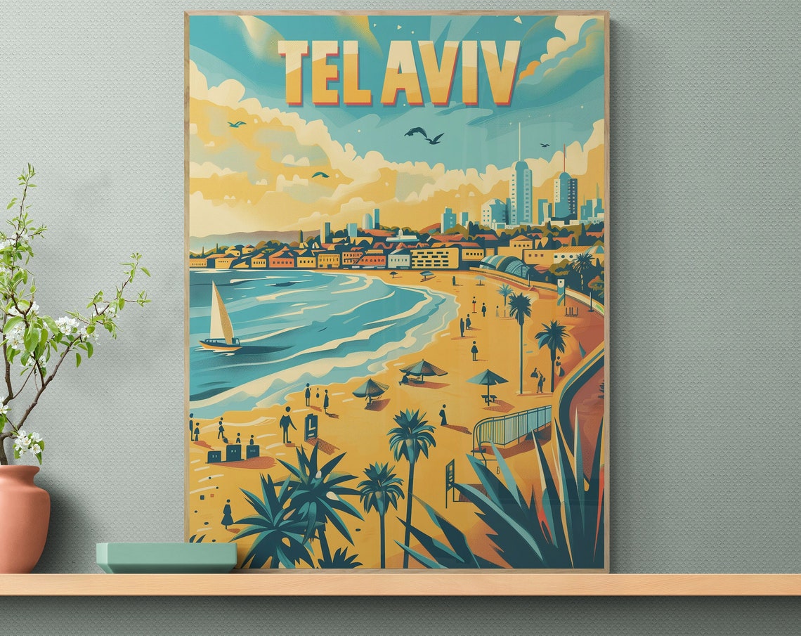 Tel Aviv Beach Umbrellas and City Skyline Vintage Travel Poster