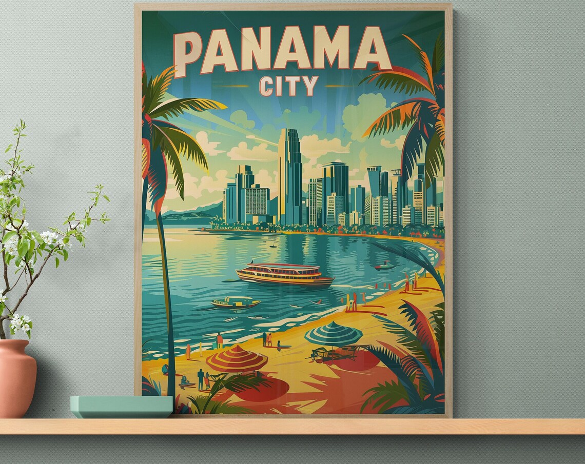 Panama City Beach Umbrellas and Skyline Vintage Tropical Travel Poster - Image 3
