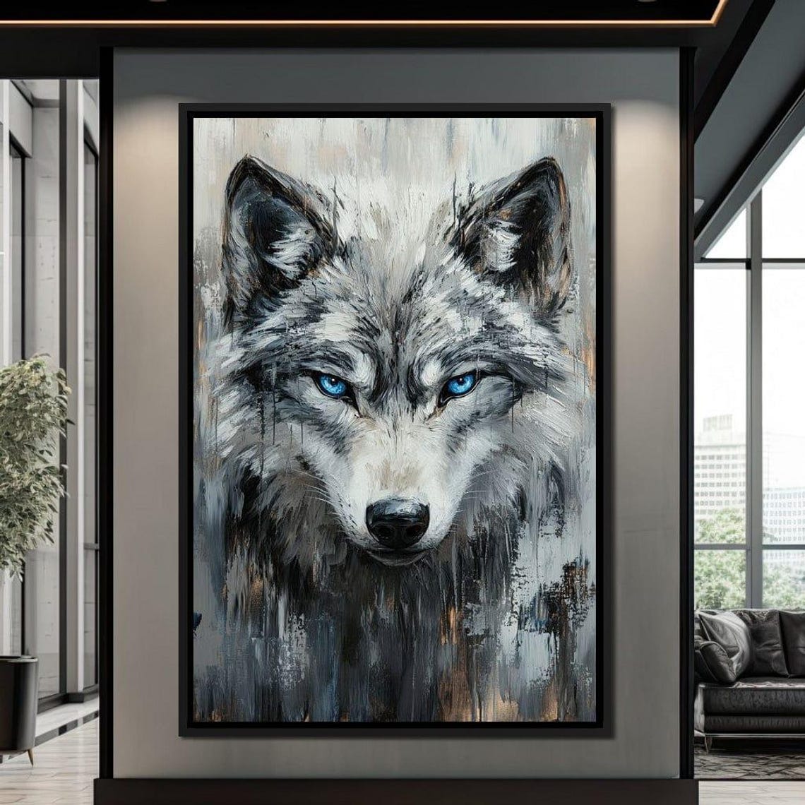 Gray Wolf Intense Blue Eyes Painterly Portrait Wildlife Wall Art Print - Image 4