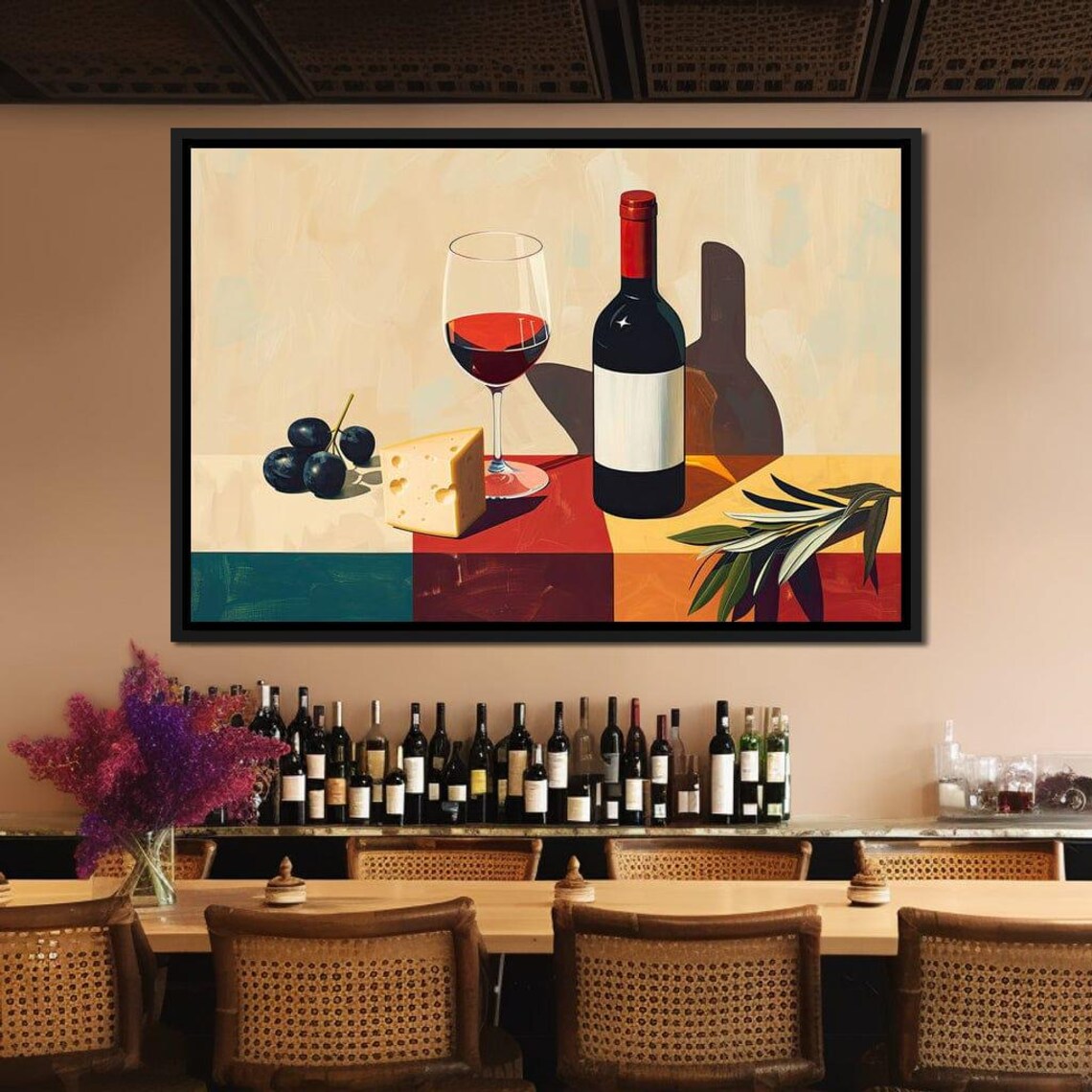 Red Wine Bottle Glass Cheese Figs Modern Still Life Kitchen Wall Art Print - Image 3