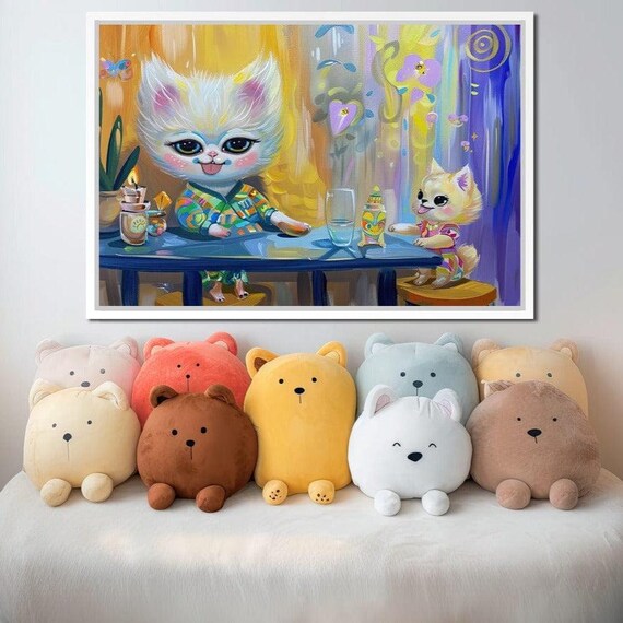Playful White Kitten Blue Table Party Colorful Kids Room Wall Art Poster