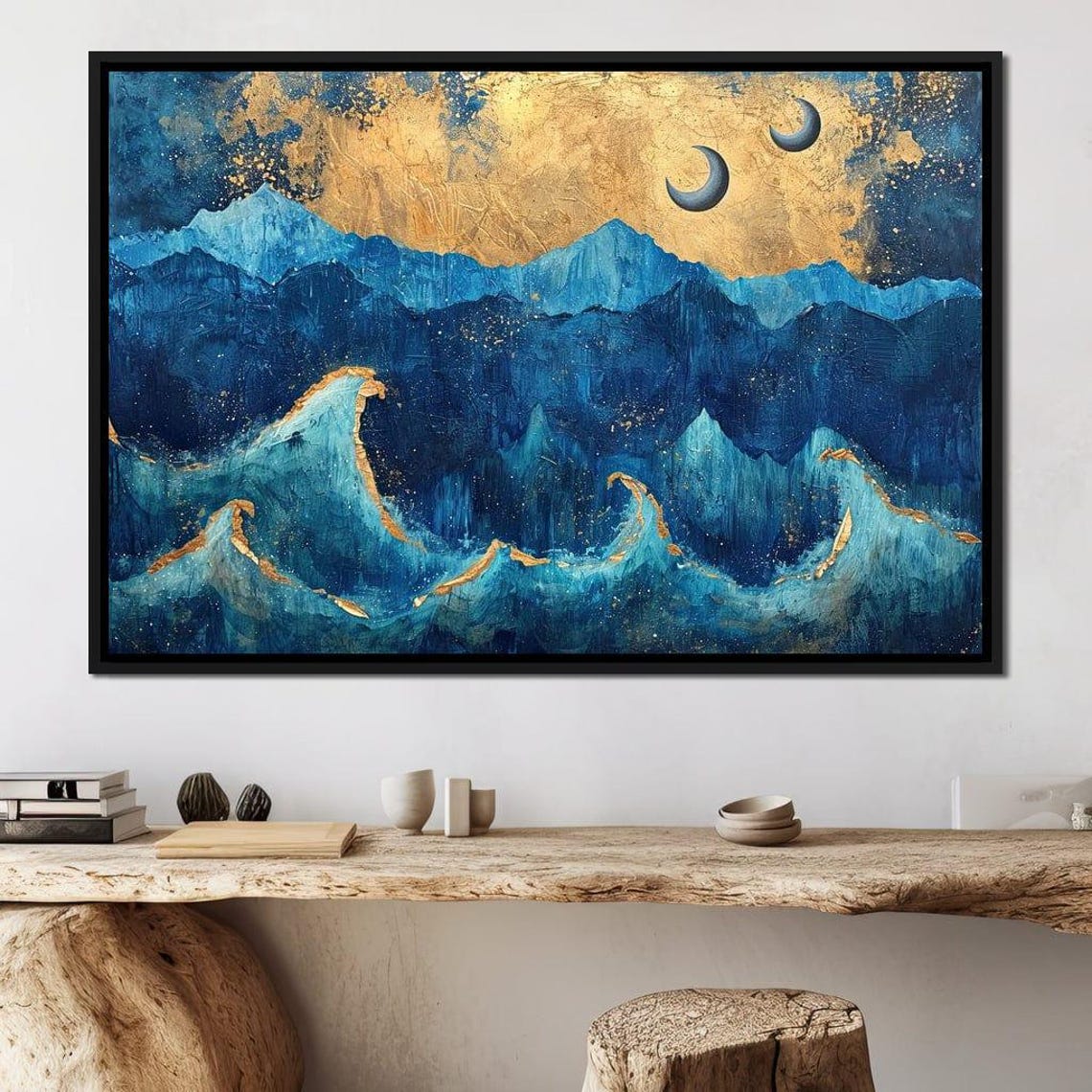 Twin Moons Over Azure Peaks Abstract Landscape Blue Tones Majestic Night Sky Art Celestial Wall Decor By Nichecanvas - Image 2