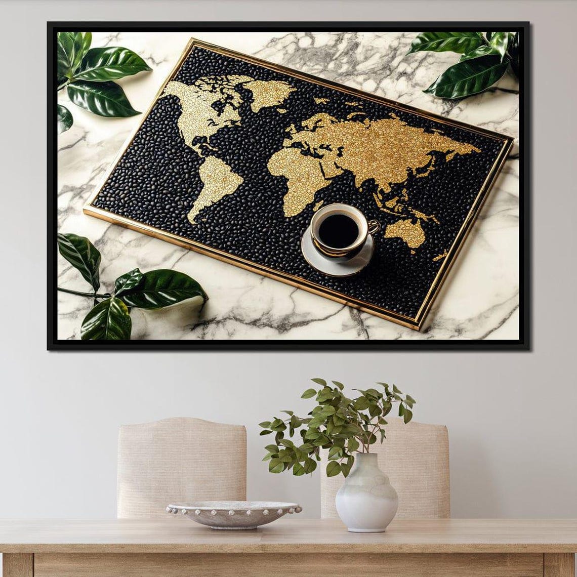 Black And Gold Coffee Bean World Map Modern Kitchen Wall Art Poster - Image 3
