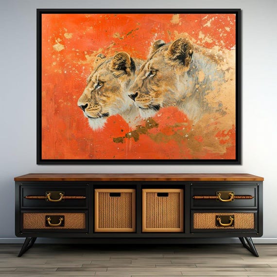 Twin Feline Majesty Goldleaf Majestic Lion Art Vibrant Wildlife Home Decor Bold Animal Portrait By Nichecanvas