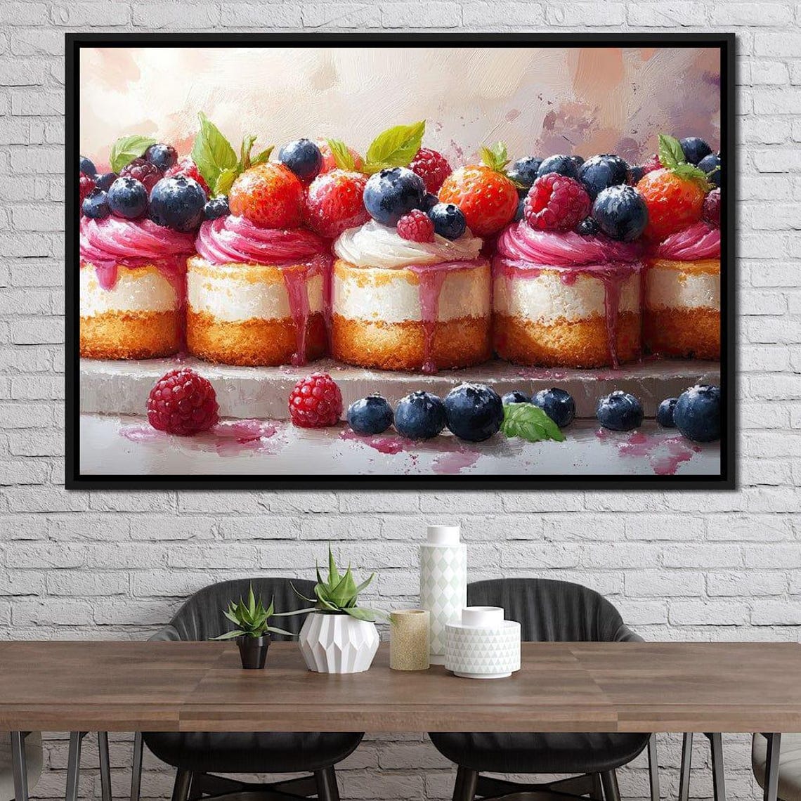 Berry Topped Mini Cakes Pink Frosting Dessert Bakery Kitchen Wall Art - Image 2
