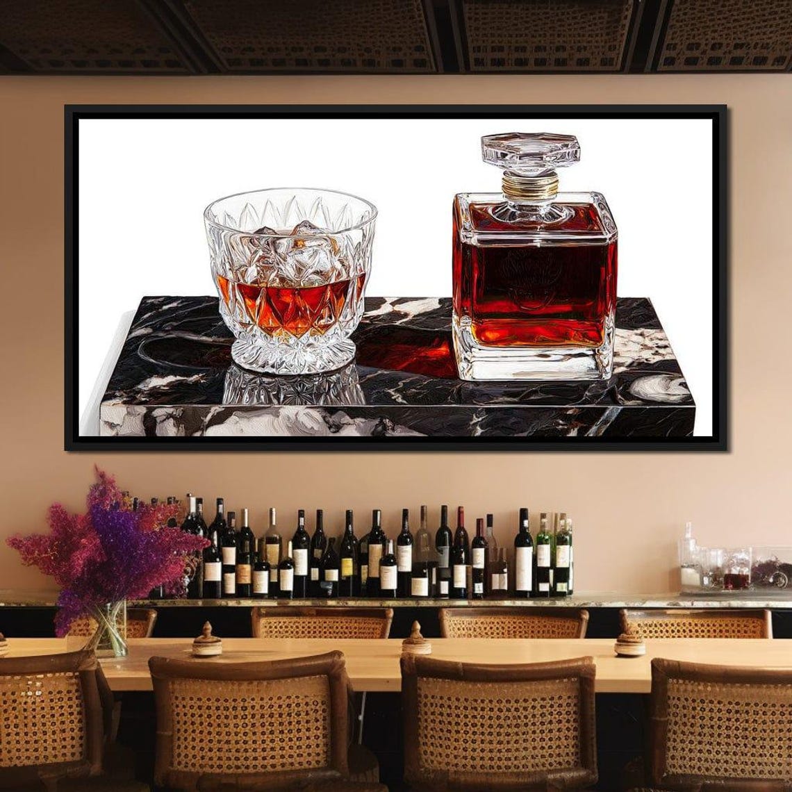 Crystal Whiskey Decanter And Glass On Marble Bar Decor Print - Image 2