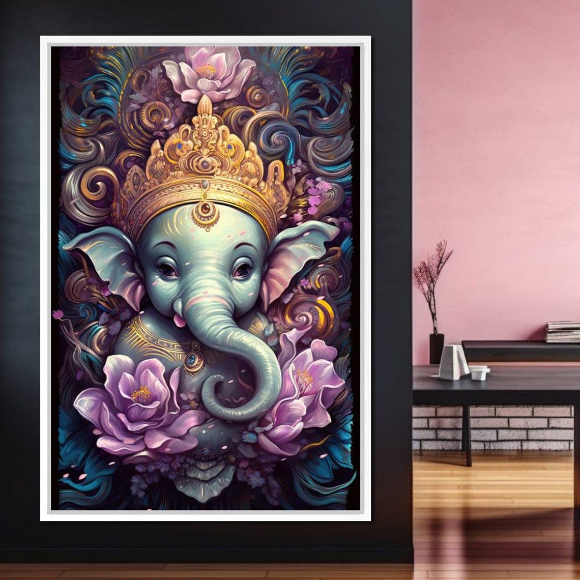 Baby Ganesha Teal Elephant God Golden Crown Pink Lotus Art Poster
