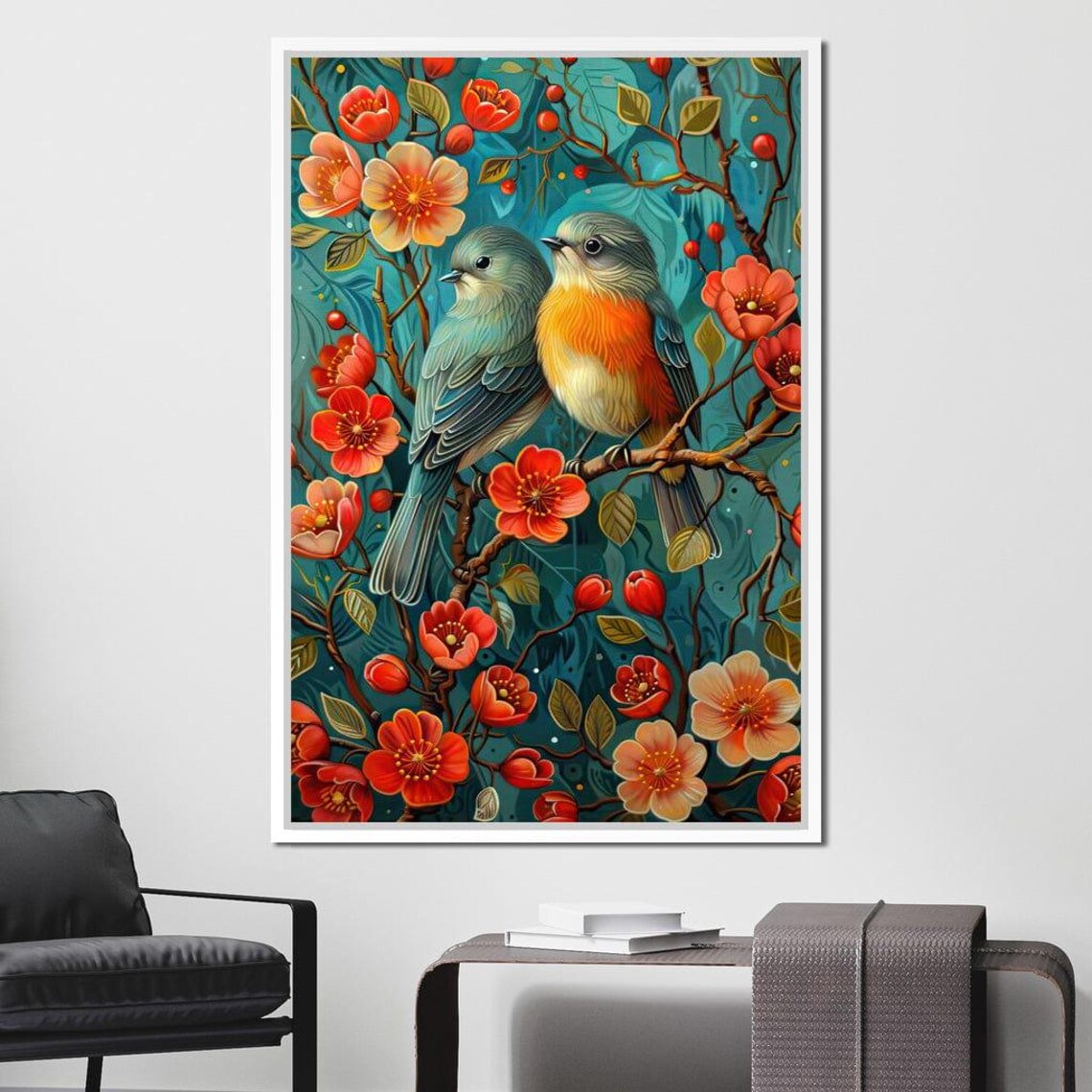 Two Songbirds Blossoming Branch Coral Flowers Vintage Bird Art Print - Image 2