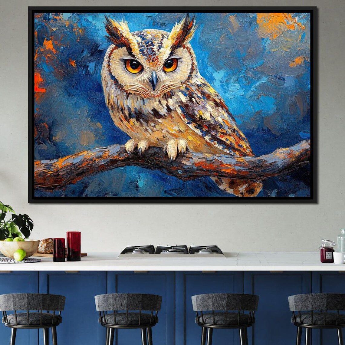 Horned Owl Blue Night Branch Orange Eyes Colorful Wildlife Bird Poster - Image 2