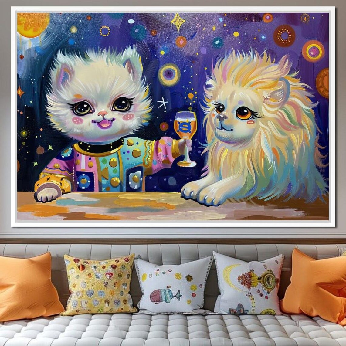 Whimsical Kitten And Lion Toast Starry Night Kids Room Fun Fantasy Wall Poster - Image 3