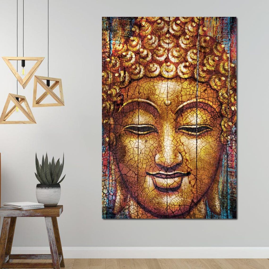 Golden Buddha Face Crackle Texture Warm Spiritual Wall Art Print - Image 3