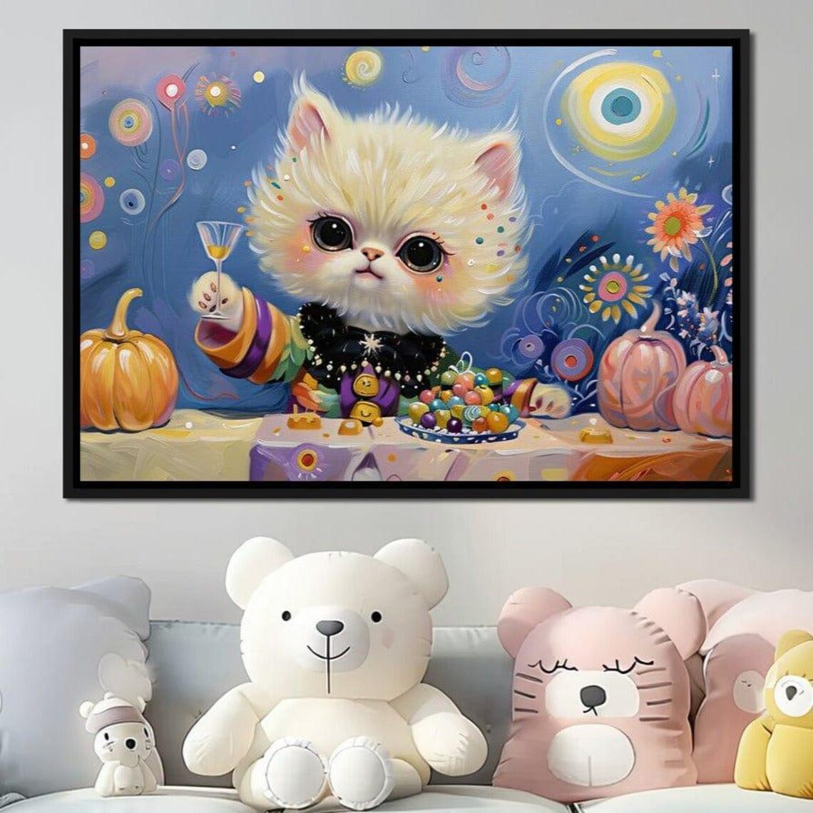 Festive White Kitten Pumpkin Party Colorful Whimsical Kids Wall Art Poster - Image 4