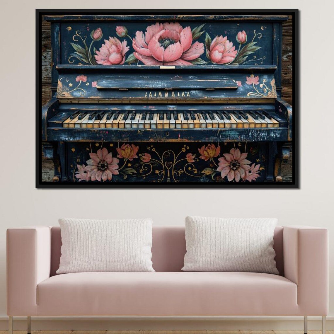 Hand Painted Navy Piano Pink Peonies Vintage Floral Music Art Poster