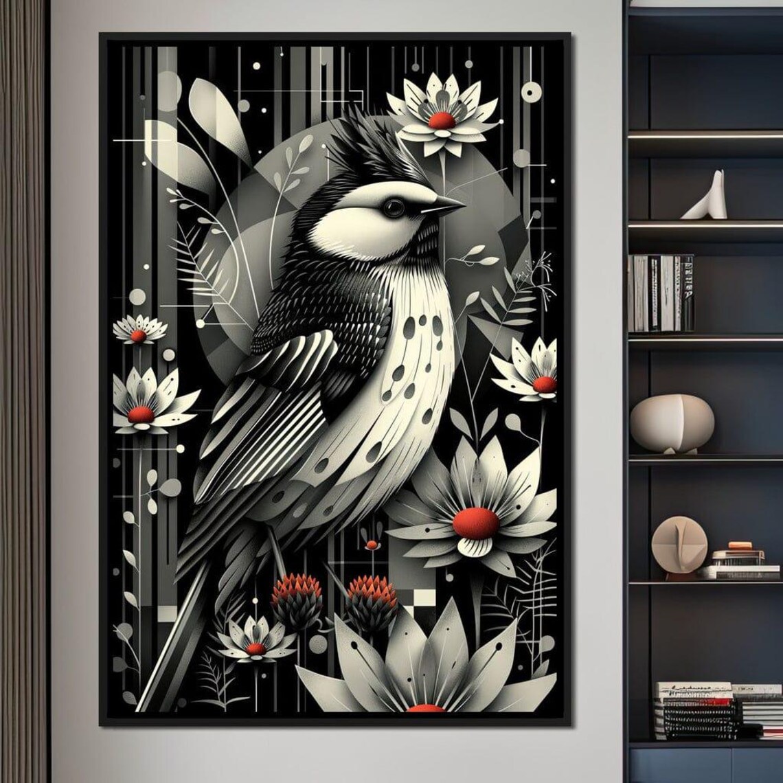 Monochrome Songbird Red Accent Flowers Minimalist Bird Art Wall Poster - Image 4