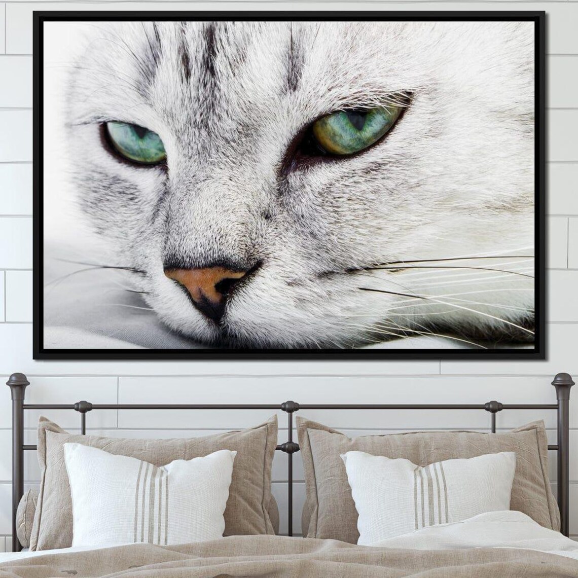 White Cat Green Eyes Close Up Relaxing Feline Photography Wall Art Print