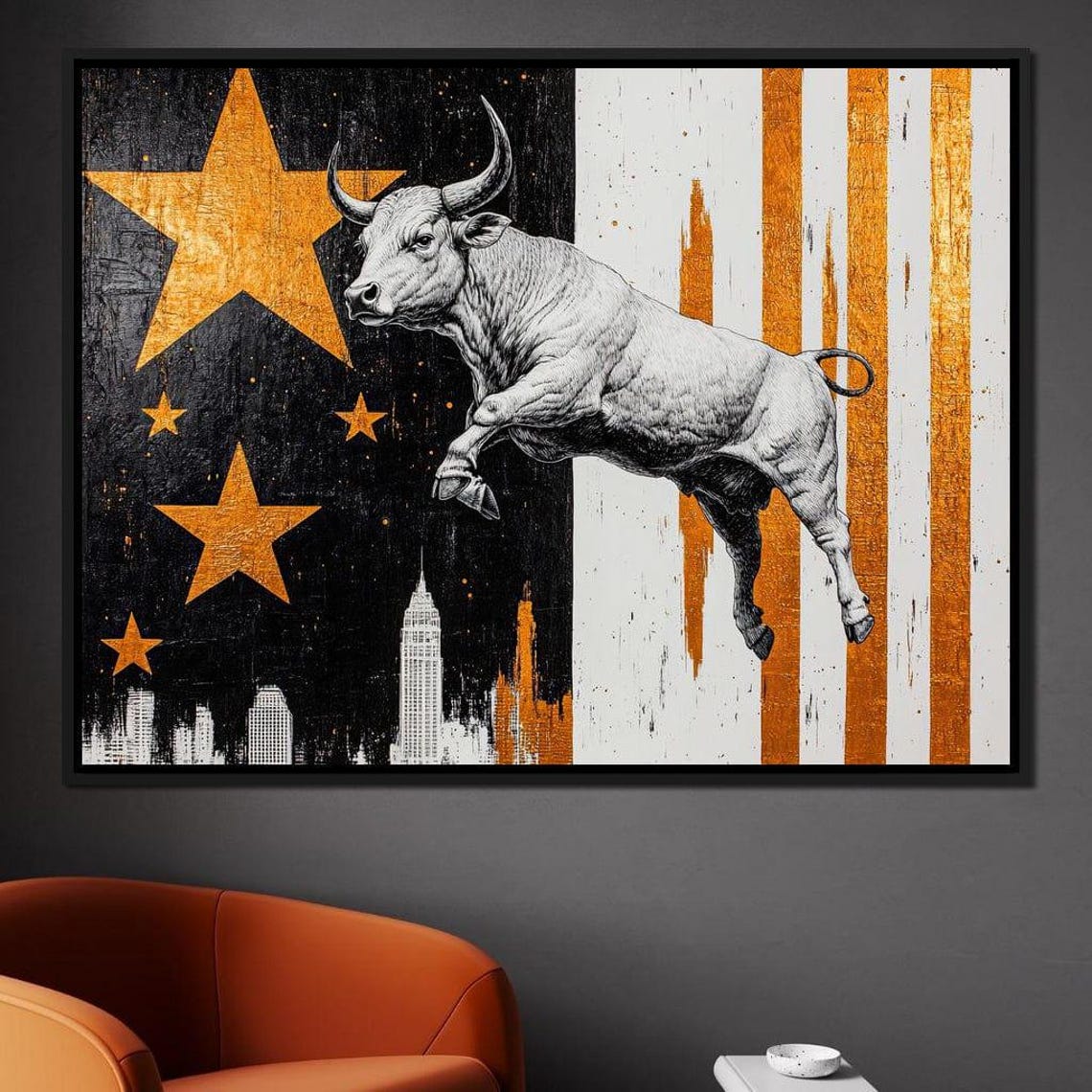 Leaping White Bull Gold Stars City Skyline Black Gold Wall Art Poster - Image 2