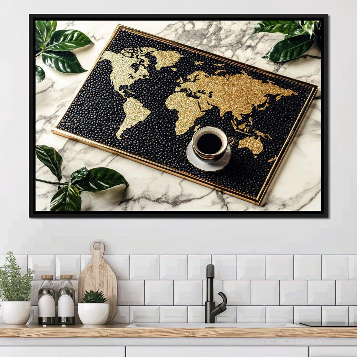 Black And Gold Coffee Bean World Map Modern Kitchen Wall Art Poster