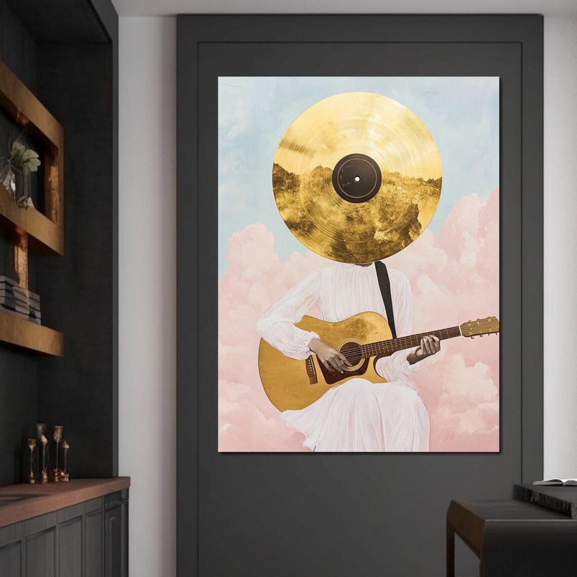 Golden Vinyl Record Head Guitar Player Pink Clouds Dreamy Music Art Poster - Image 3