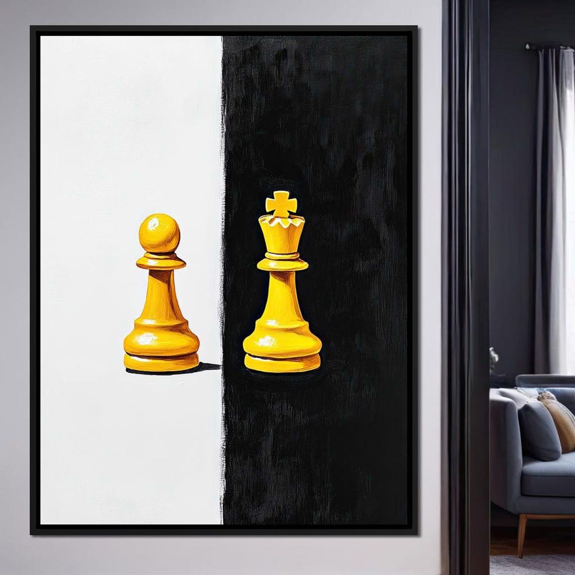 Minimalist Yellow Chess King Pawn Black White Split Modern Art Poster - Image 3