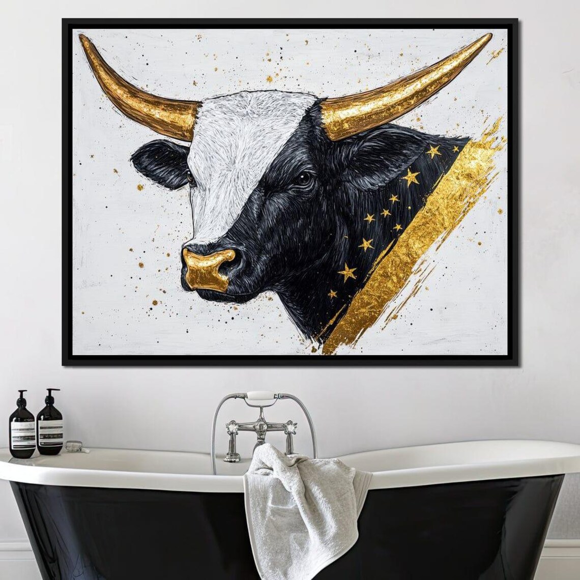 Black And White Bull With Golden Horns And Stars Luxury Farmhouse Art - Image 2