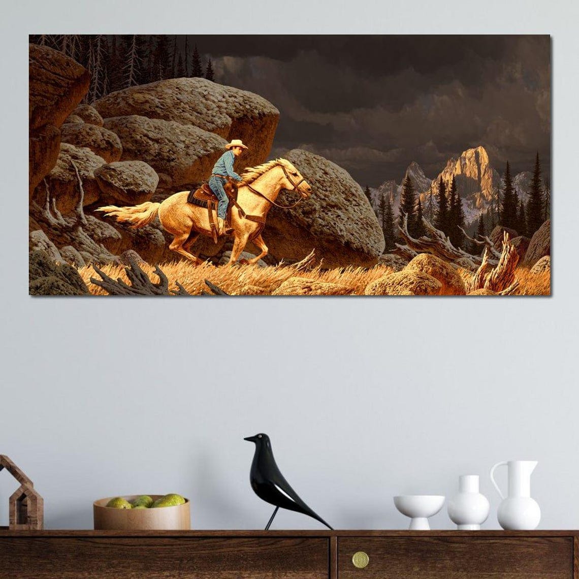 Cowboy Riding Palomino Horse Rocky Canyon Western Sunset Wall Poster - Image 4