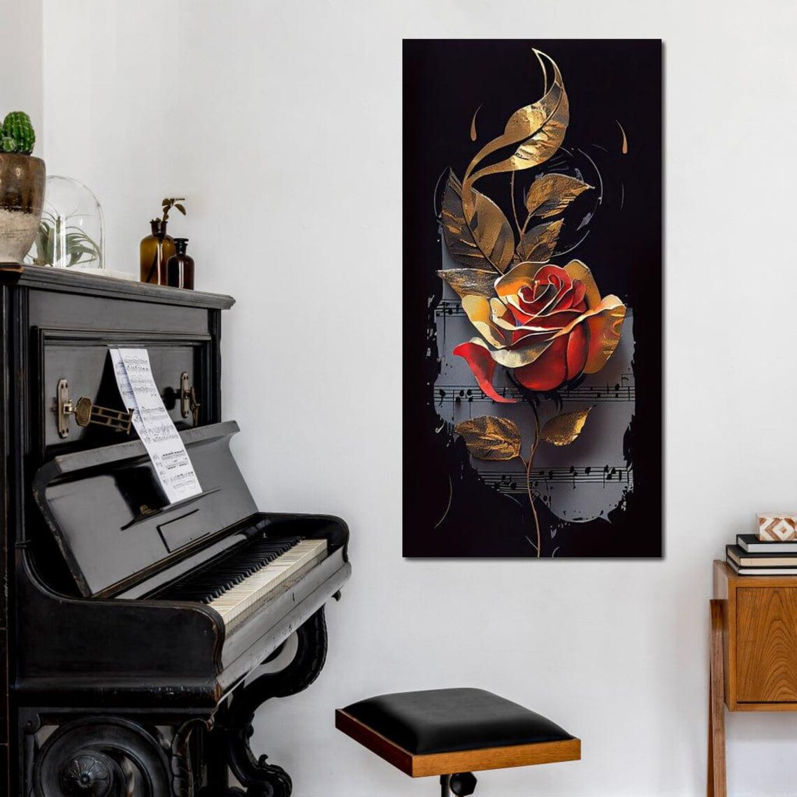 Red Rose Sheet Music Gold Leaves Black Classical Music Poster - Image 4
