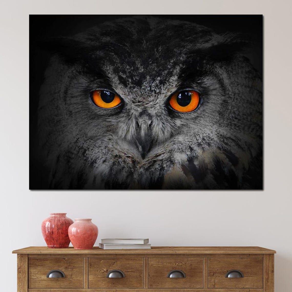 Black Owl Piercing Orange Eyes Dark Dramatic Wildlife Art Poster - Image 4