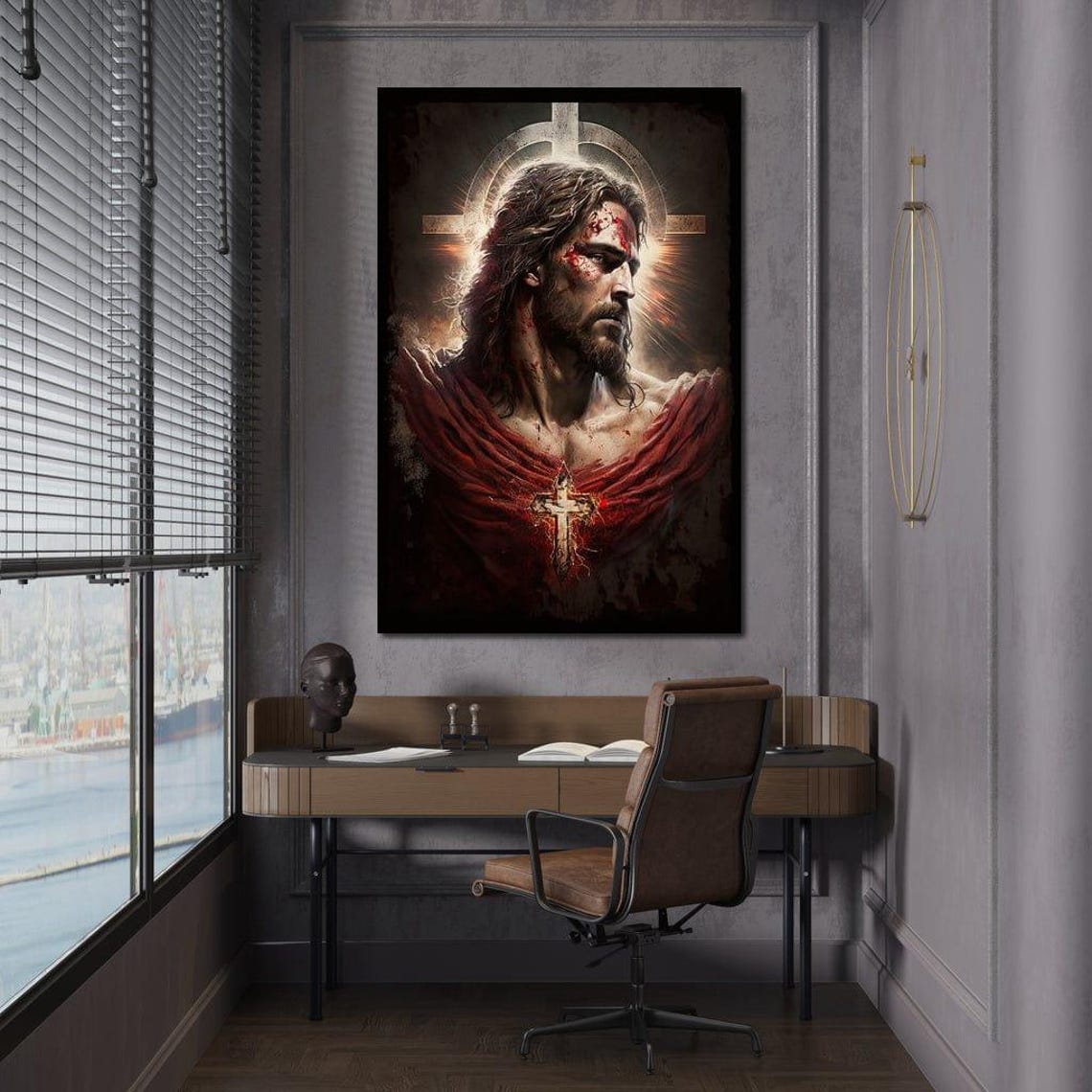 Jesus Christ Dramatic Portrait Halo Cross Sacred Christian Wall Art - Image 3