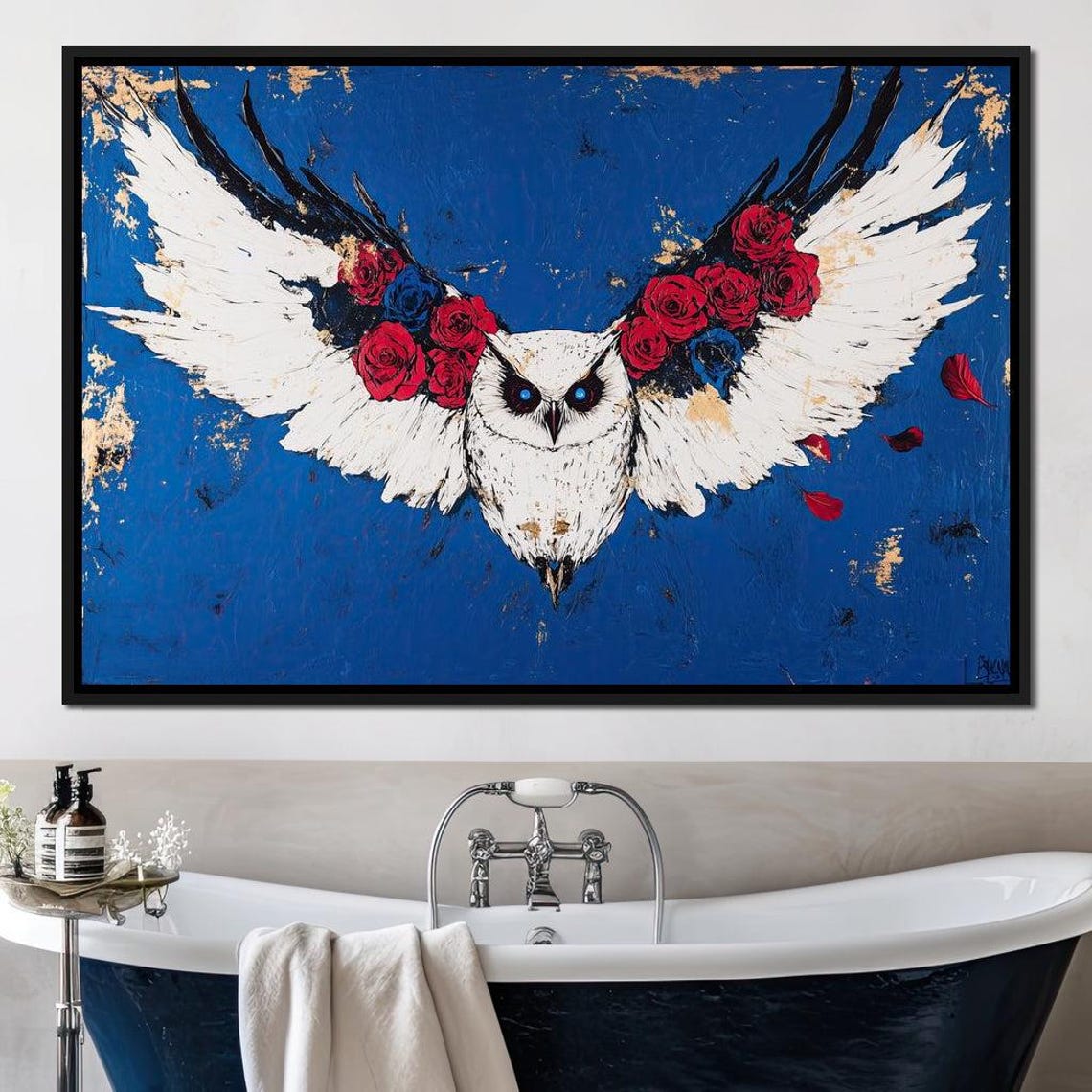 White Owl With Spread Wings Red Roses Cobalt Blue Wildlife Poster - Image 4