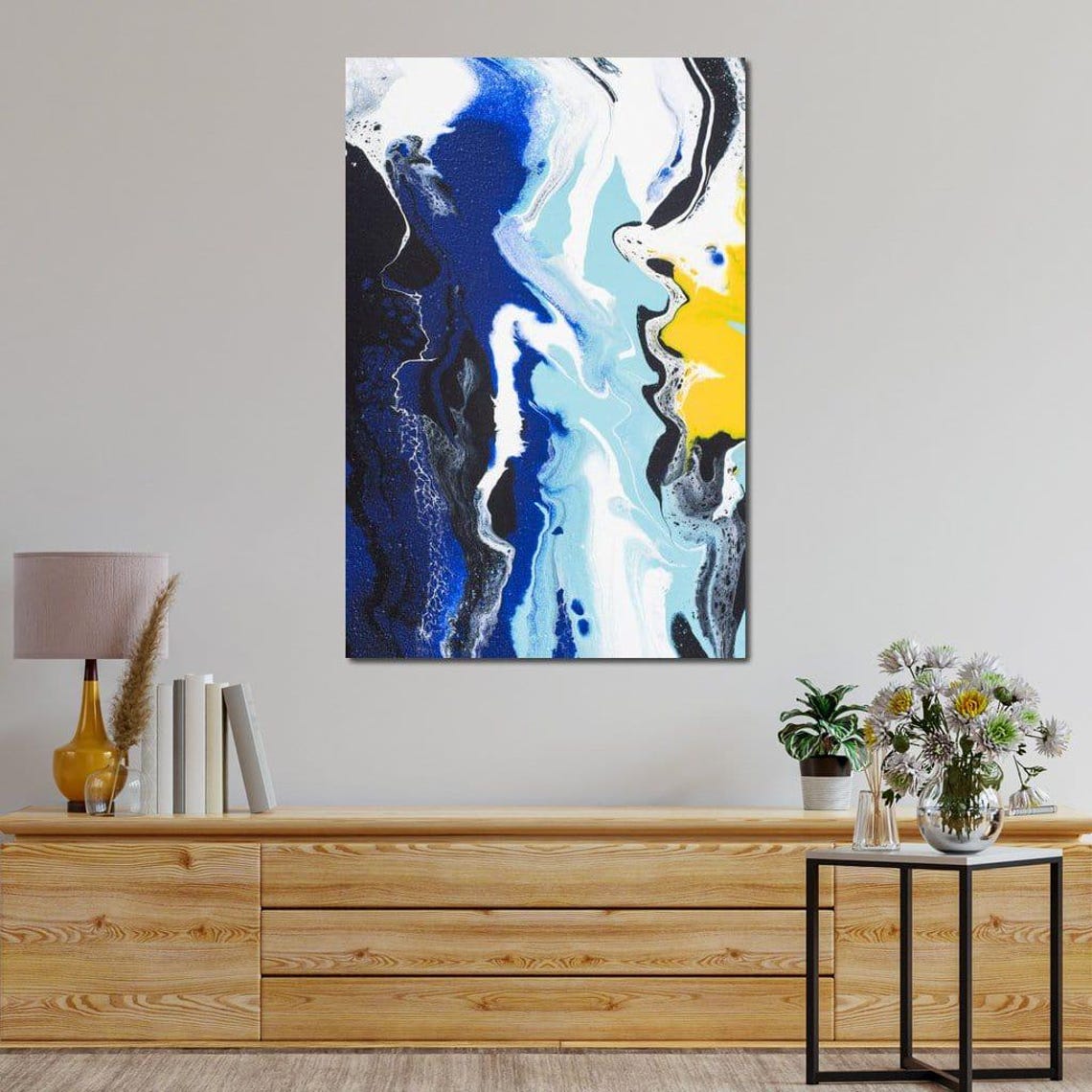 Navy Blue Yellow White Fluid Marble Abstract Painting Wall Art - Image 4