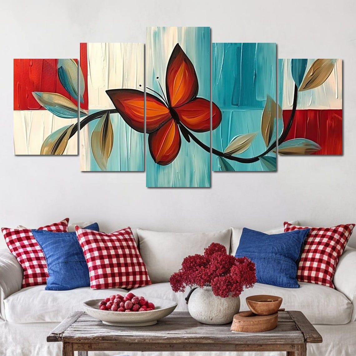 Orange Butterfly Five Panel Canvas Abstract Modern Wall Art Poster