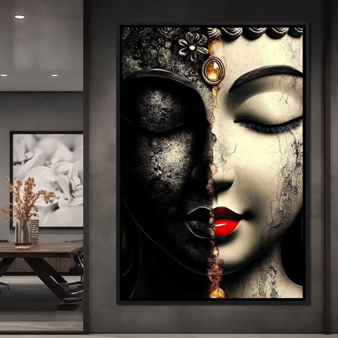 Buddha Zen Split Face Duality Serenity Black Gold Spiritual Art Poster - Image 3