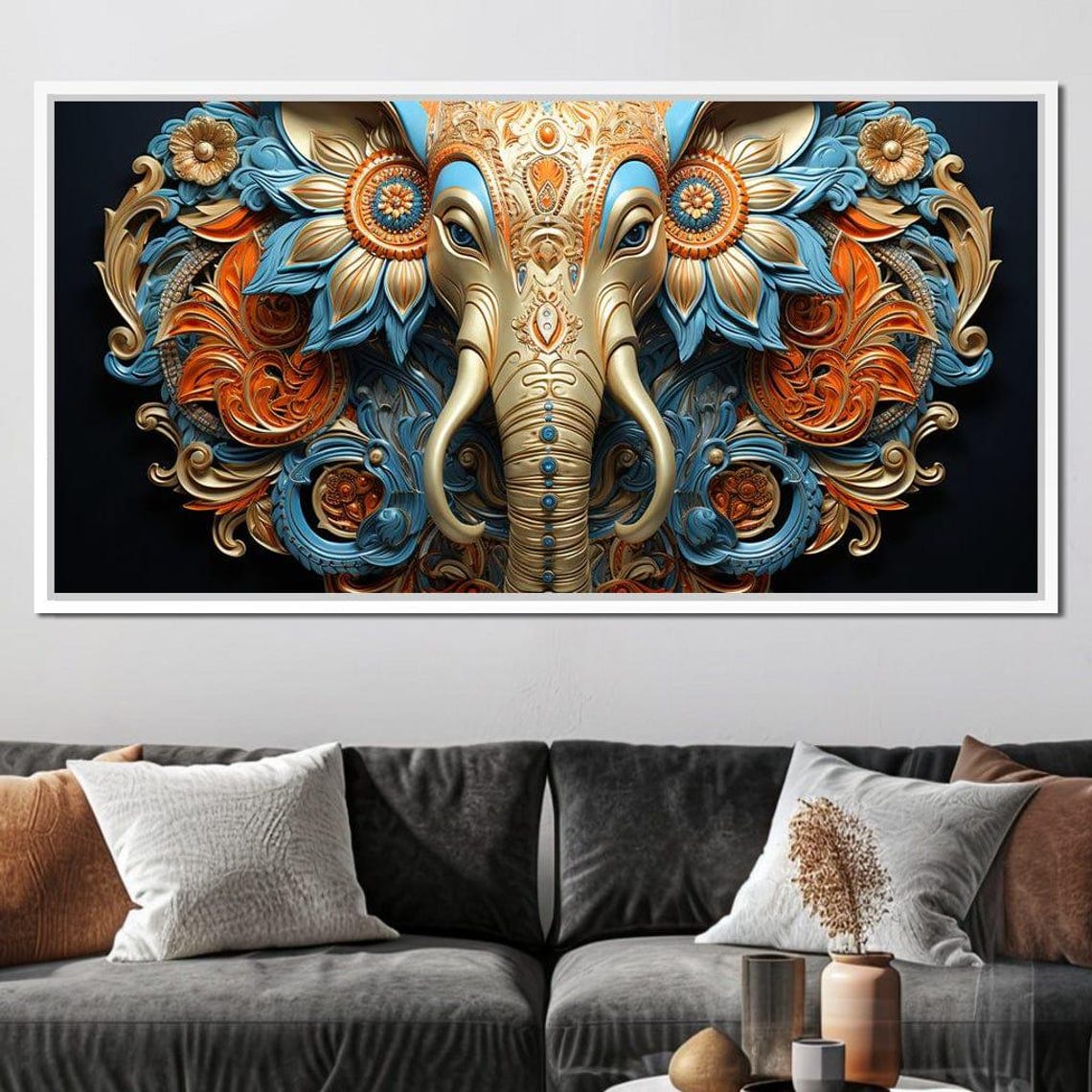 Mandala Elephant Head Blue Orange Gold Ornate Indian Boho Art Print - Image 3